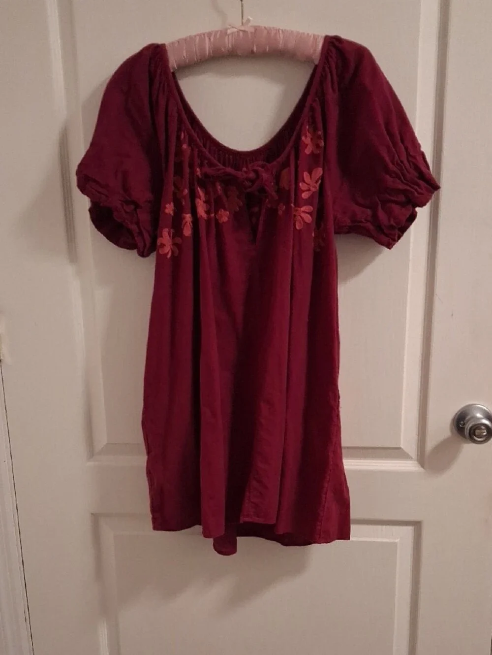 Free People Burgundy Embroidered Puff-Sleeve Tunic